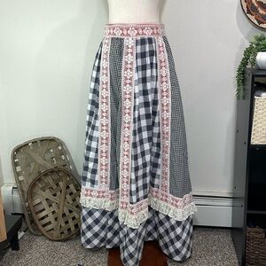 Handmade Red Black & White Gingham Picnic Prairie Skirt Lace Full Skirt Maxi